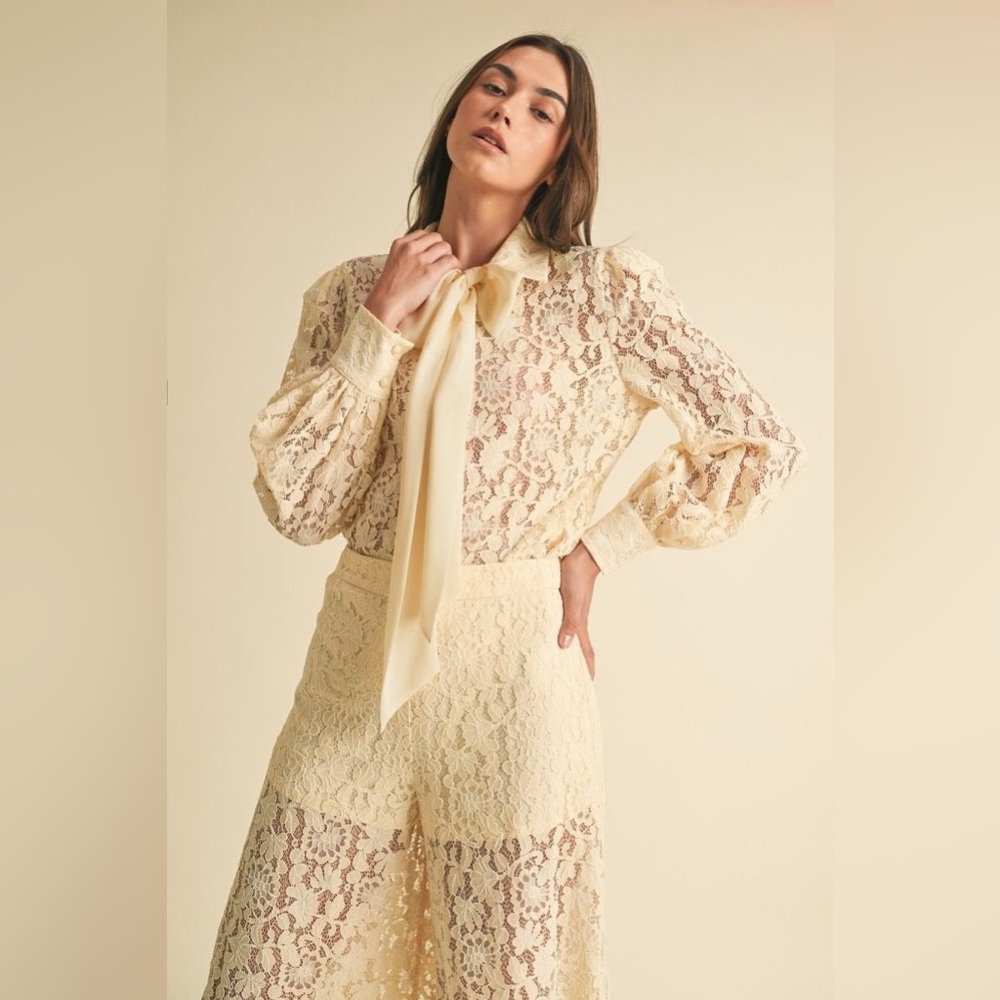 Long Sleeve Button Down Lace Top with Neck Bow Tie - EB Luxe